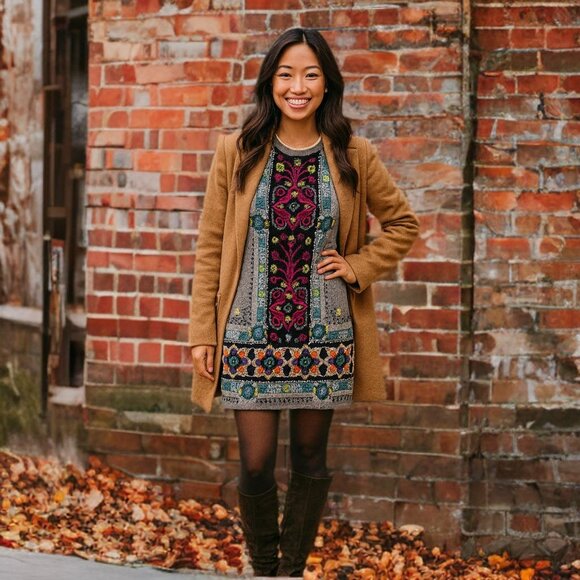 Anthropologie by Akemi + Kin Mini Sweater Dress Kaleidoscope Multicolor Floral - Picture 3 of 13